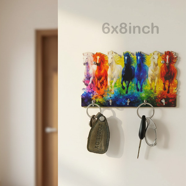 7Horse Richi Color Wooden Printed Key Holder | 5 Hooks | No Drill 2 Self Adhesive Hook Free | Size : 6x8" Inch