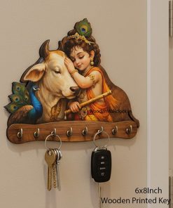 Krishna With Cow Wooden Printed Key Holder | 5 Hooks | No Drill 2 Self Adhesive Hook Free  | Size : 6x8" Inch