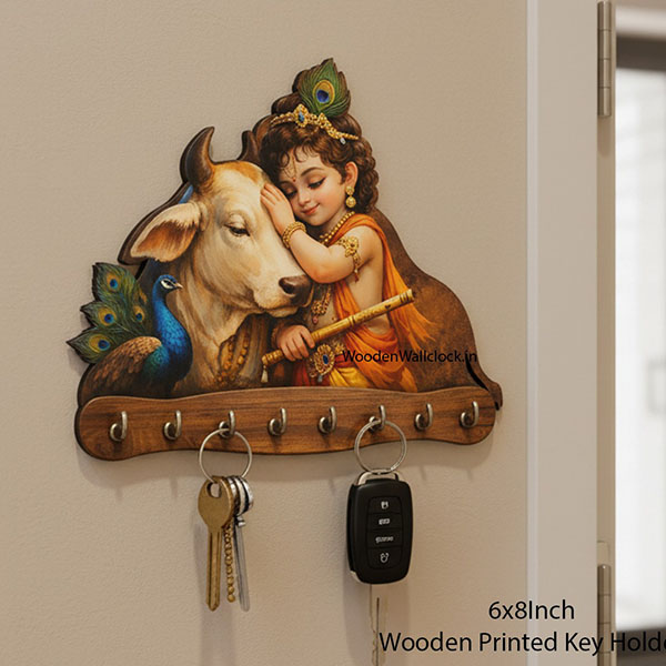 Krishna With Cow Wooden Printed Key Holder | 5 Hooks | No Drill 2 Self Adhesive Hook Free  | Size : 6x8" Inch