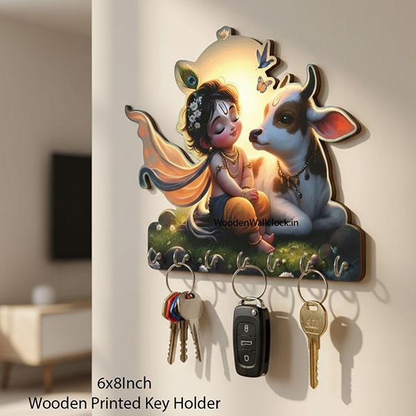 Krishna With Cow Wooden Printed Key Holder | 5 Hooks | No Drill 2 Self Adhesive Hook Free  | Size : 6x8" Inch