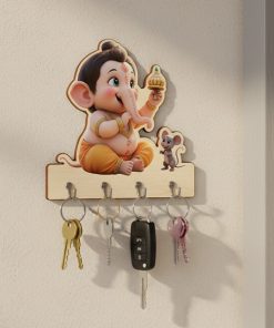 Baby Ganesha Wooden Printed Key Holder | 5 Hooks | No Drill 2 Self Adhesive Hook Free | Size : 6x8" Inch