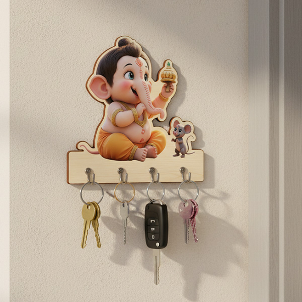 Baby Ganesha Wooden Printed Key Holder | 5 Hooks | No Drill 2 Self Adhesive Hook Free | Size : 6x8" Inch