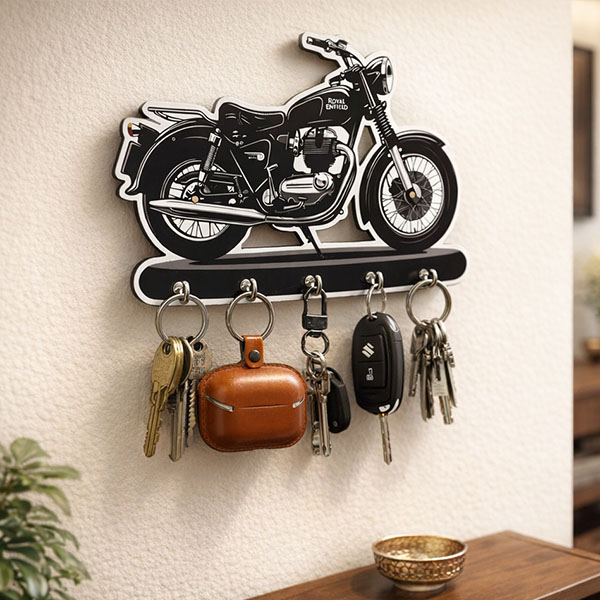 Bullet Wooden Printed Key Holder | 5 Hooks | No Drill 2 Self Adhesive Hook Free | Size : 6x8" Inch
