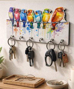 Chidiya Wooden Printed Key Holder | 5 Hooks | No Drill 2 Self Adhesive Hook Free | Size : 6x8" Inch