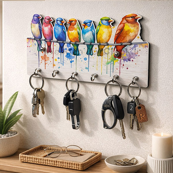 Chidiya Wooden Printed Key Holder | 5 Hooks | No Drill 2 Self Adhesive Hook Free | Size : 6x8" Inch