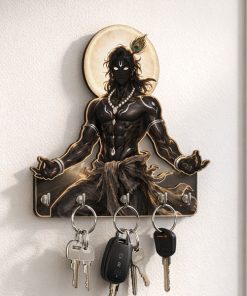 Dark Krishna Wooden Printed Key Holder | 5 Hooks | No Drill 2 Self Adhesive Hook Free | Size : 6x8" Inch