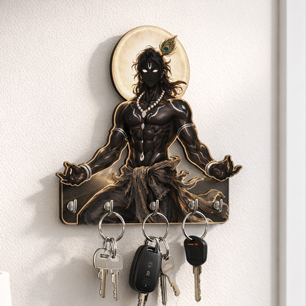 Dark Krishna Wooden Printed Key Holder | 5 Hooks | No Drill 2 Self Adhesive Hook Free | Size : 6x8" Inch