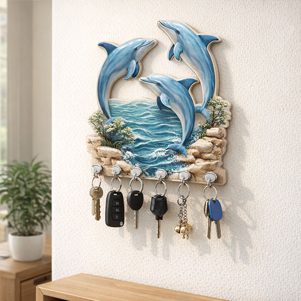 Dolphin Wooden Key Holder Wall Mounted Decorative Key Rack for Home Entrance size: 6x8inch