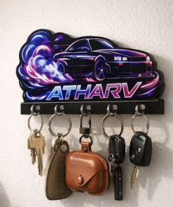 Drift Car Wooden Printed Key Holder | 5 Hooks | No Drill 2 Self Adhesive Hook Free | Size : 6x8" Inch