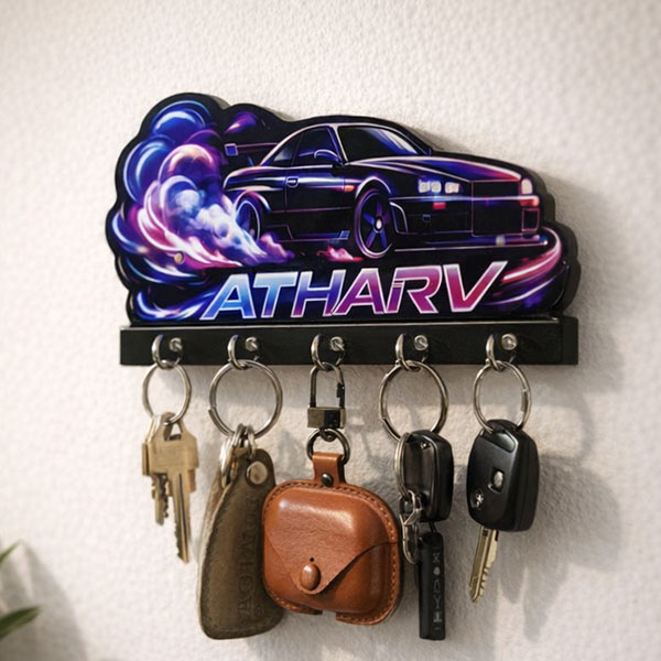 Drift Car Wooden Printed Key Holder | 5 Hooks | No Drill 2 Self Adhesive Hook Free | Size : 6x8" Inch