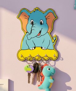 Elephant Wooden Printed Key Holder | 5 Hooks | No Drill 2 Self Adhesive Hook Free | Size : 6x8" Inch