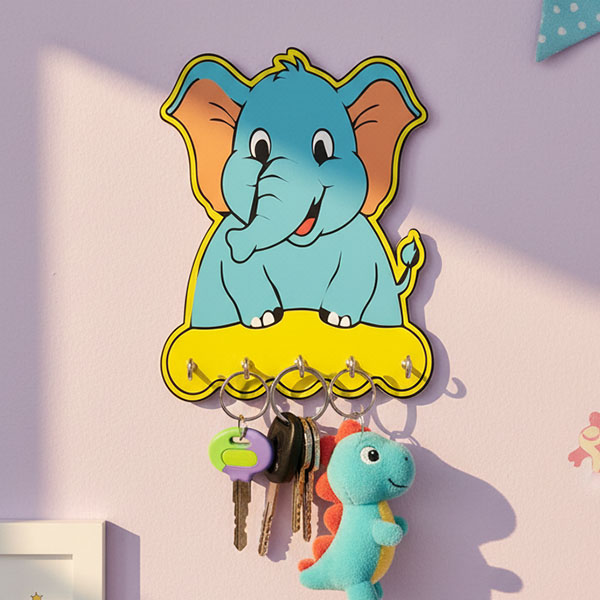 Elephant Wooden Printed Key Holder | 5 Hooks | No Drill 2 Self Adhesive Hook Free | Size : 6x8" Inch