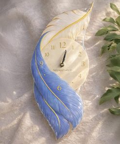 UV Printed Blue Feather Shape Wooden Wall clock Printed size : 15x7