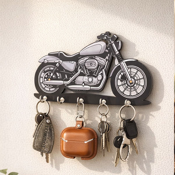 Harley Davidsons Wooden Printed Key Holder | 5 Hooks | No Drill 2 Self Adhesive Hook Free | Size : 6x8" Inch