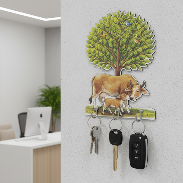 Kamdhenu Kalpvruksh Wooden Key Holder Wall Mounted Decorative Key Rack for Home Entrance size: 6x8inch