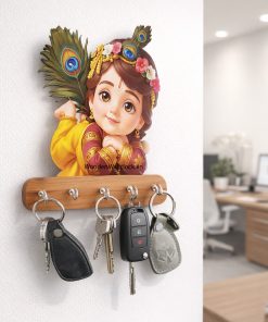 Krishna Sleeping Wooden Printed Key Holder | 5 Hooks | No Drill 2 Self Adhesive Hook Free  | Size : 6x8" Inch