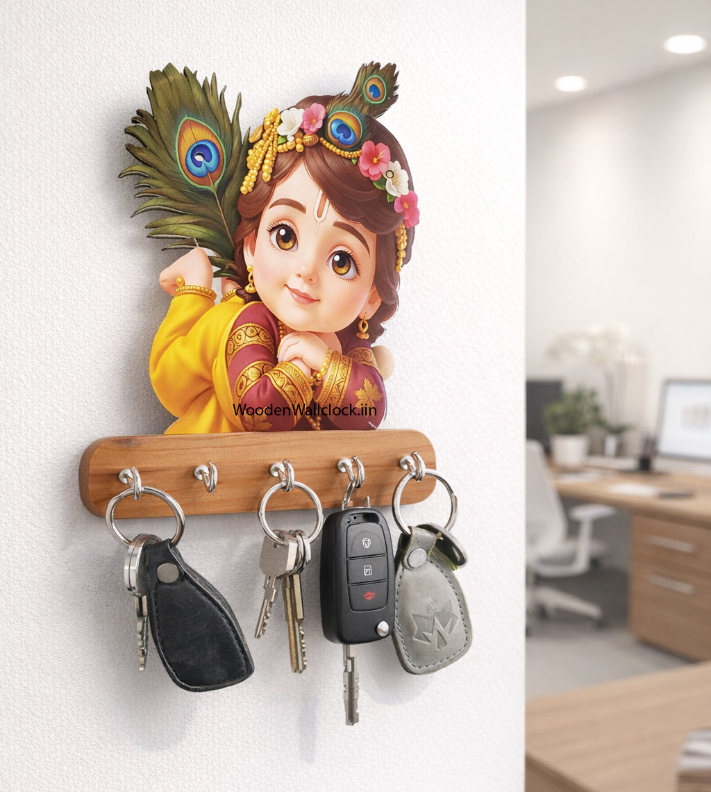 Krishna Sleeping Wooden Printed Key Holder | 5 Hooks | No Drill 2 Self Adhesive Hook Free  | Size : 6x8" Inch