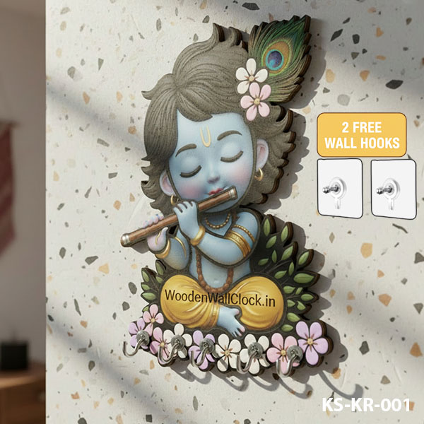 Krishna Wooden Printed Key Holder | 5 Hooks | No Drill 2 Self Adhesive Hook Free  | Size : 6x8" Inch