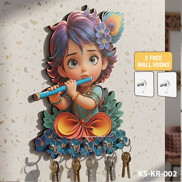 Krishna Wooden Printed Key Holder | 5 Hooks | No Drill 2 Self Adhesive Hook Free | Size : 6x8" Inch