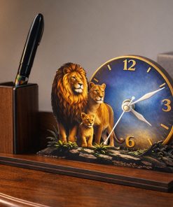 Alternative view of 2layer Printed Lion Family  Wooden Table Clock With Pen stand Size : 22x16cm
