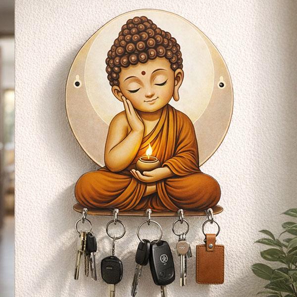 Small Lord Budhha Wooden Printed Key Holder | 5 Hooks | No Drill 2 Self Adhesive Hook Free | Size : 4x5" Inch