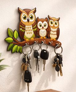3 Owls Wooden Printed Key Holder | 5 Hooks | No Drill 2 Self Adhesive Hook Free | Size : 6x8" Inch