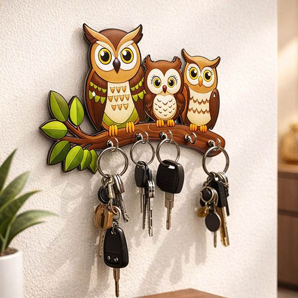 3 Owls Wooden Printed Key Holder | 5 Hooks | No Drill 2 Self Adhesive Hook Free | Size : 6x8" Inch