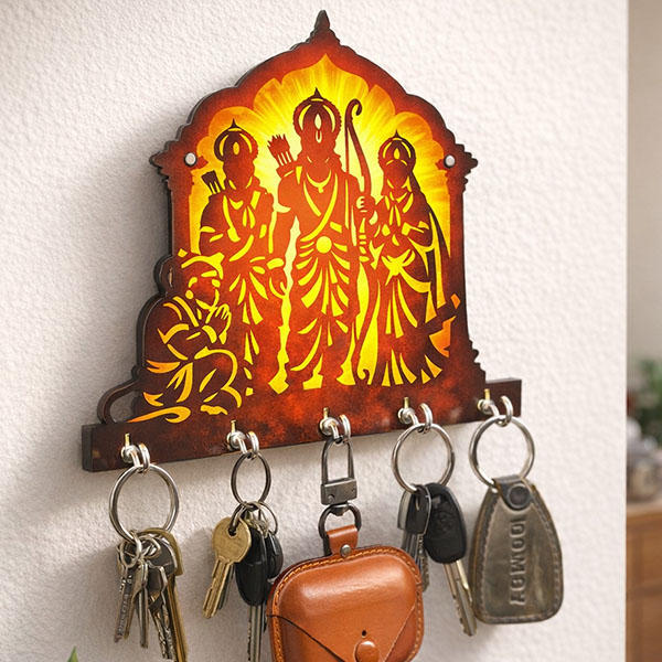 Shree Ram Darbar Wooden Printed Key Holder | 5 Hooks | No Drill 2 Self Adhesive Hook Free | Size : 6x8" Inch