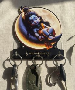 Baby Shiva Wooden Printed Key Holder | 5 Hooks | No Drill 2 Self Adhesive Hook Free | Size : 6x8" Inch