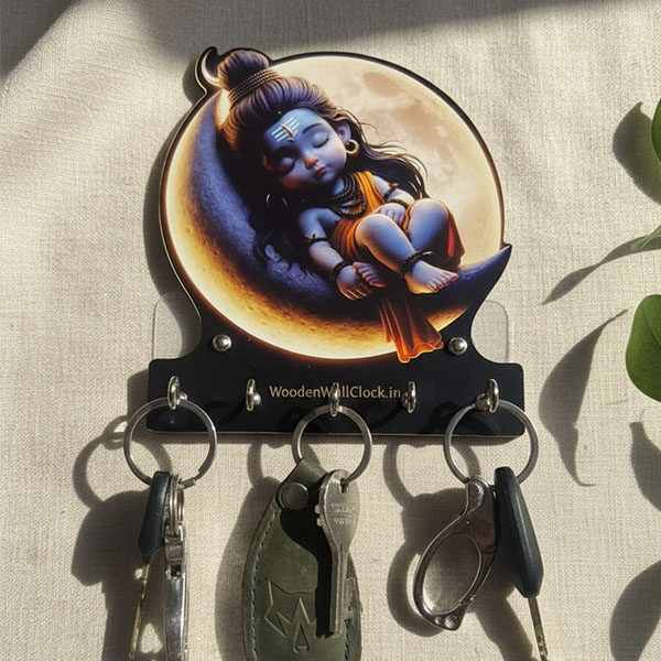 Baby Shiva Wooden Printed Key Holder | 5 Hooks | No Drill 2 Self Adhesive Hook Free | Size : 6x8" Inch