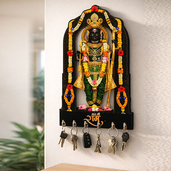 Shree Ram Lalla Murti Wooden Key Holder Wall Mounted Decorative Key Rack for Home Entrance size: 6x8inch