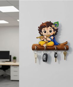 6x8 Krishna on tree Wooden Key Holder Wall Mounted Decorative Key Rack for Home Entrance size: 6x8inch
