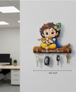 Small Krishna Wooden Printed Key Holder | 5 Hooks | No Drill 2 Self Adhesive Hook Free | Size : 4x5" Inch