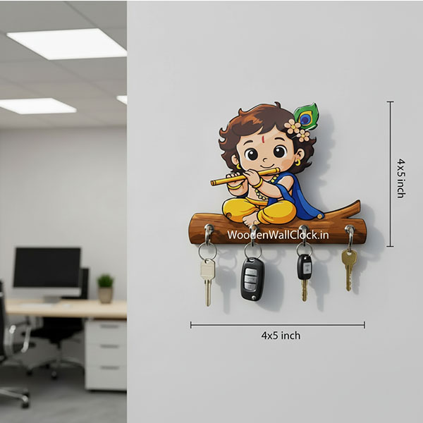 Small Krishna Wooden Printed Key Holder | 5 Hooks | No Drill 2 Self Adhesive Hook Free | Size : 4x5" Inch
