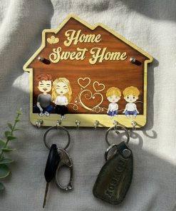 Home 4member Wooden Printed Key Holder | 5 Hooks | No Drill 2 Self Adhesive Hook Free | Size : 6x8" Inch