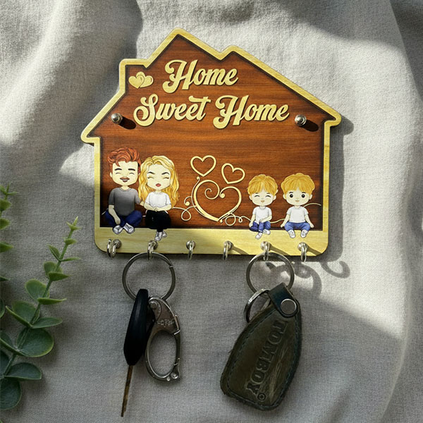 Home 4member Wooden Printed Key Holder | 5 Hooks | No Drill 2 Self Adhesive Hook Free | Size : 6x8" Inch