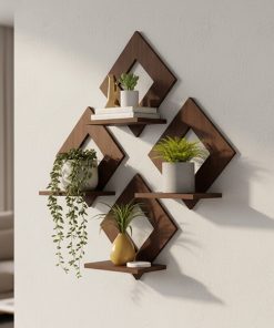4 Wooden Diamond Wall Shelf with Plant Holder (Set of 4 Wooden Wall) Size : 8x8inch