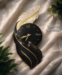 UV Printed Black Feather Shape Wooden Wall clock Printed size : 15x7