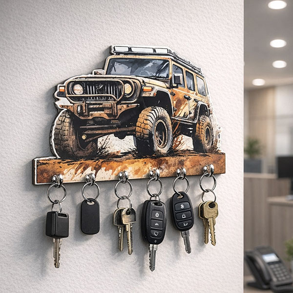 Off-Road Jeep Wall Mounted Key Holder Rack with 6 Hooks Size: 6x8inch