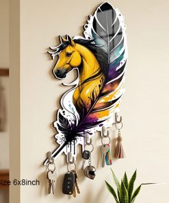 Feather Horse Printed Wooden Key Holder 6x8 inch