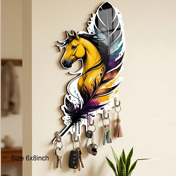 Feather Horse Printed Wooden Key Holder 6x8 inch