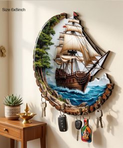 Ship Printed Wooden Key Holder 6x8 inch