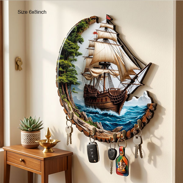 Ship Printed Wooden Key Holder 6x8 inch