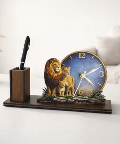 2layer Printed Lion Family  Wooden Table Clock With Pen stand Size : 22x16cm