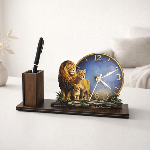 2layer Printed Lion Family  Wooden Table Clock With Pen stand Size : 22x16cm