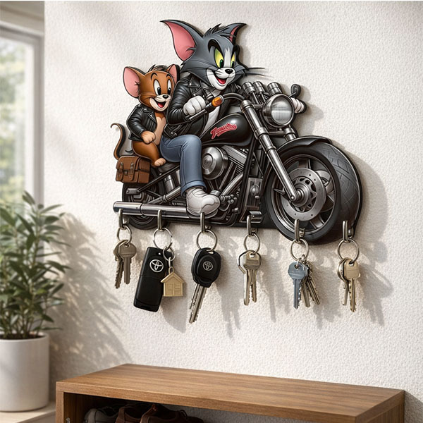Tom and Jerry on Bike Printed Wooden Key Holder 6x8inch