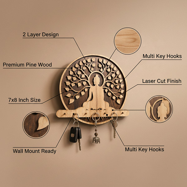 2 Layer Wooden Lord Buddha Key Stand – 7x8 Inch - Image 2